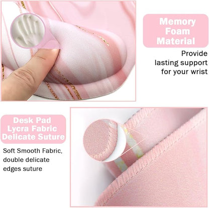 4-in-1 Gaming Mouse Pad Wrist Support Set，Desk Pad + Mouse Pad with Wrist Rest + Keyboard Wrist Rest + Coaster, Ergonomic Design for Home Office Study Game - Pink Fluid