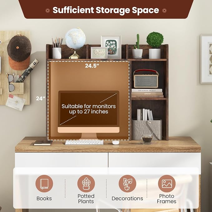 LDAILY Desktop Shelf, Multipurpose Wood Desk Hutch for Max 27" Computer Monitor, Countertop Storage Hutch with 5 Shelves, 3 Tier Desktop Display Rack for Dorm Office Home (Rustic Brown)
