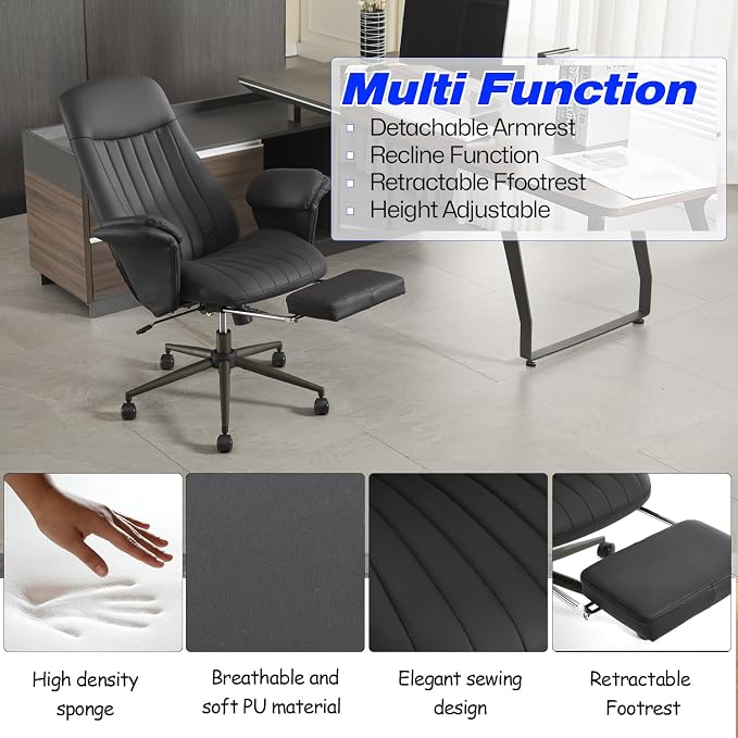 Home Office Desk Chair with Foot Rest, High Back Office Ergonomic Computer Chair with Lumbar Support Adjustable Height Rolling Swivel Chair Executive Task Armrests Black Leather
