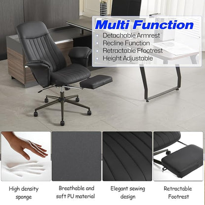 Home Office Desk Chair with Foot Rest, High Back Office Ergonomic Computer Chair with Lumbar Support Adjustable Height Rolling Swivel Chair Executive Task Armrests Black Leather