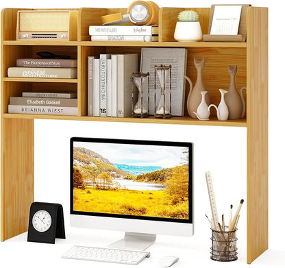 GOFLAME 6 Shelves Desktop Bookshelf, 37” Desk Hutch Dorm for Computer Monitor Up to 32”, 3-Tier Countertop Display Rack, Wood Desk Storage Organizer Shelf for Home Office, Study, Burlywood