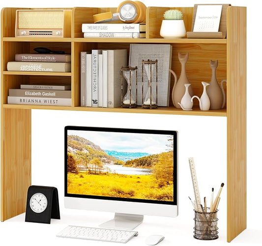 GOFLAME 6 Shelves Desktop Bookshelf, 37” Desk Hutch Dorm for Computer Monitor Up to 32”, 3-Tier Countertop Display Rack, Wood Desk Storage Organizer Shelf for Home Office, Study, Burlywood