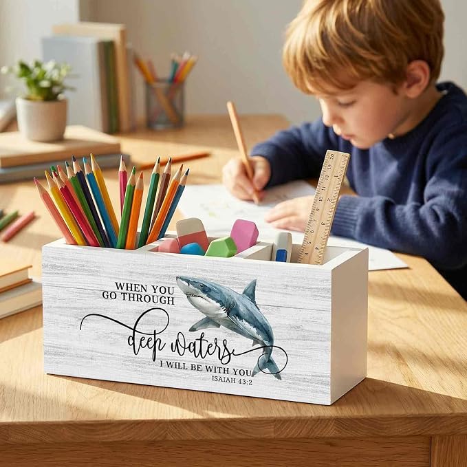 Christian Shark Pencil Pen Holder for Desk Organizer, Christian Gifts for Women Men, Coastal Beach Shark Bible Verse Wooden Box Decorations for Home Office Bedroom Desk Tabletop Decor