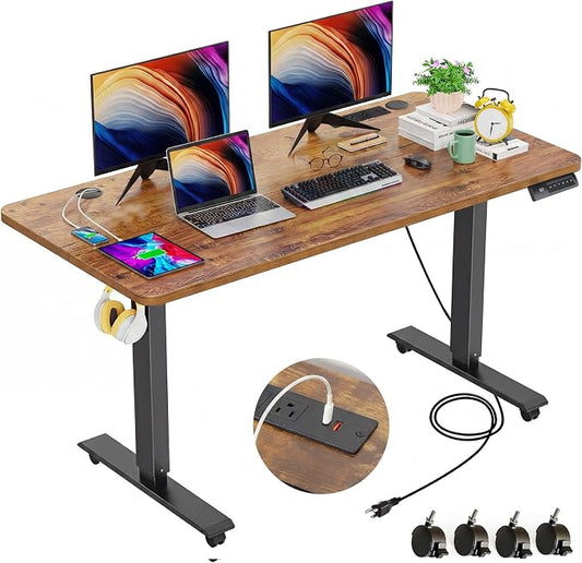 farexon 48 x 24 inch Standing Desk Electric Adjustable Height with Power Outlets, Stand up Desk with Ergonomic Workstation, Preset Heights Home Office Gaming Computer Workstations Table(Brown)