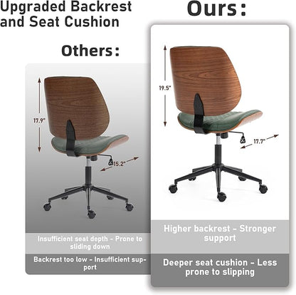 DYHOME Modern Walnut Home Office Chair with Wheels, Executive Office Desk Chair No Arms, Adjustable Height Small Desk Chair, Comfy PU, Deeper Cushion, Mid Back 360 Swivel Computer Chair, Green