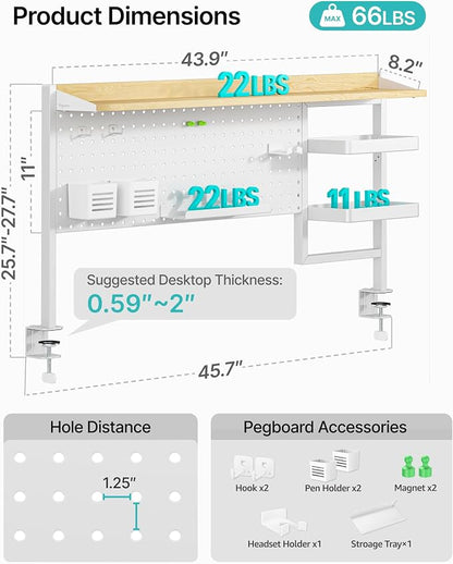PEGZONE Clamp on Desk Shelf, 44" Desktop Shelving System, White | with Pegboard and Accessories, Desktop Organizer with 2-Tier Shelf, Desk Pegboard for Gaming Office