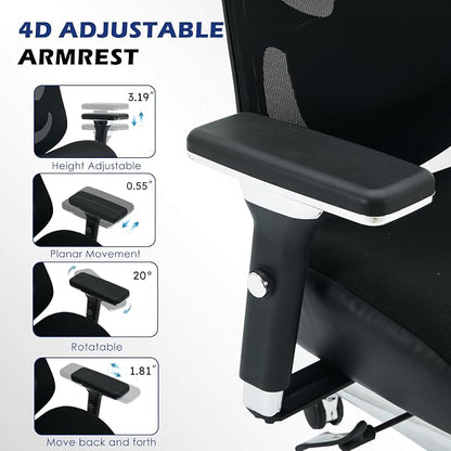 BOSMILLER 700lbs Big and Tall Office Chair with Wide Thick Seat Cushion for Sitting All Day,Ergonomic Mesh Desk Chair with Adjustable Lumbar Support and Headrest for Heavy People,4D Armrests