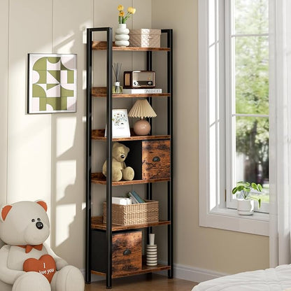 Furologee 6-Tier Bookshelf, Tall 71" Rustic Bookcase with 2 Drawers Storage Organizer, Industrial Display Free Standing Shelf Units, Wood and Metal Storage Rack for Home Office, Bedroom, Rustic Brown | Bookcase