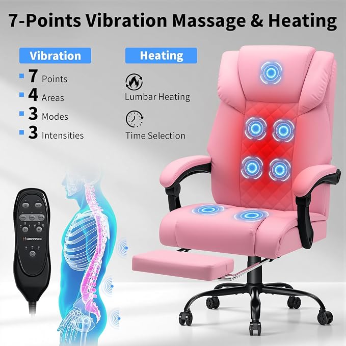 HOFFREE Heated Office Chair Massage Office Chair with Heat 400lbs Executive Reclining Home Desk Chair with Footrest,Linkage Armrests for Heavy People(Pink)