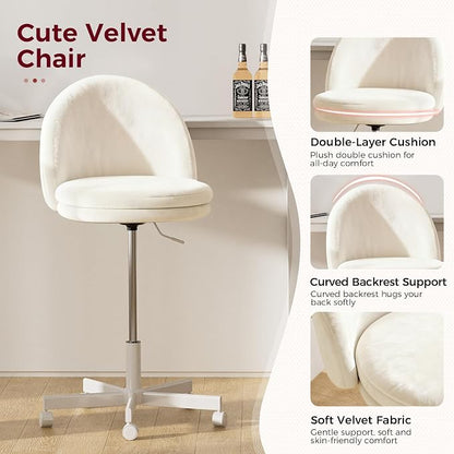 GTPLAYER Velvet Tall Office Chair with Wheels Vanity Chairs with Back, Versatile Height Use: Office to Bar Stools Small Ergonomic Comfy Armlees Computer Desk Chair with Bow Lumbar Pillow for Gift