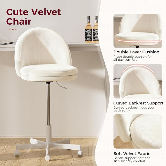 COMHOMA Vanity Chair with Velvet Fabric, Small Tall Armless Chair with Back, Cute Candy Chair for Girls Gift Living Room/Makeup Room/Bedroom/Kitchen (Height Use: Adjustable from Desk to Bar Height)