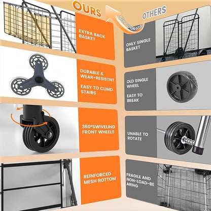 [Upgrade] Shopping Cart for Groceries, 280 LBS Large Grocery Cart with Waterproof Liner, 360° Rolling Swivel Wheels, Heavy Duty Utility Cart Folding Shopping Carts for Laundry Luggage Gift