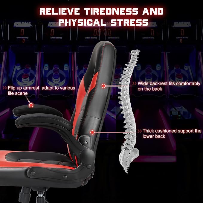 Sweetcrispy Computer Gaming Chair: PU Leather Ergonomic Lumbar Support with Flip-up Armrest and 360° Swivel Wheels, Height Adjustable Task Home Office Desk Video Racing, Red