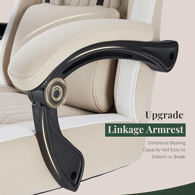 Computer Gaming Chair - High Back Ergonomic Desk Chair with Footrest and Lumbar Support, Height Adjustable Task Chair with Linkage Armrests and Headrest, 360° Swivel Wheels, Khaki