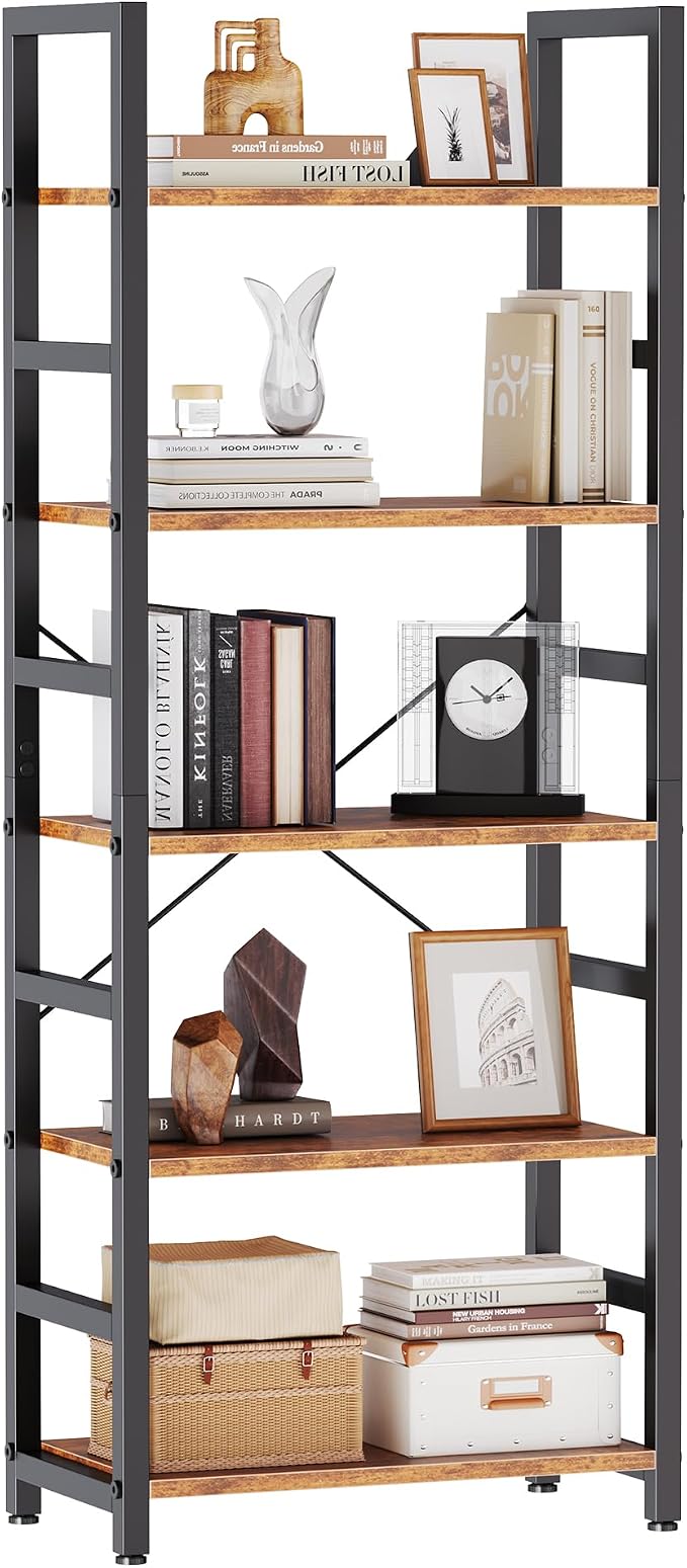 DUMOS 5-Tier Bookshelf, Modern Tall Bookcase, Open Storage Display Shelf for Living Room, Bedroom, Home Office, Narrow Standing Shelving Unit for Books, CDs, Décor，Rustic Brown