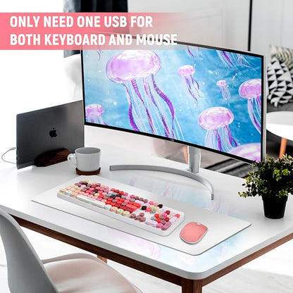 Wireless Keyboard and Mouse Combo - Cute Colorful Keyboard and Mouse, Retro Typewriter Keyboard with 2.4GHz Plug & Play, for Windows 11/10/7, Laptop, PC (White Color)