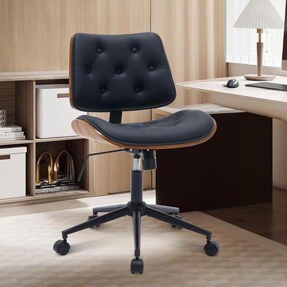 BV Armless Desk Chair with Wheels, 360 Swivel Home Office Chair No Arms, Height Adjustable Task Chair for Small Space, PU Leather Office Chair, Rolling Chair for Reading Room, Conference Room, Black