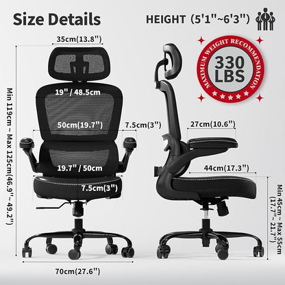 TRALT Ergonomic Office Chair - Desk Chair with Adjustable Headrest Lumbar Support Computer Chair - Mesh Comfy Chair with Flip-up Armrests - Gaming Chairs for Adults Home Office (Leather, Black)
