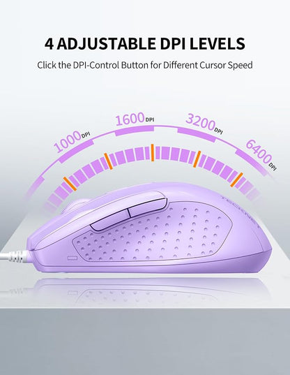 TECKNET Wired Mouse, 6-Button Corded with 4 Adjustable DPI, Optical Ergonomic Design, 5FT Cord for Laptop, Chromebook, PC, Desktop, Mac, Notebook - LT.Purple