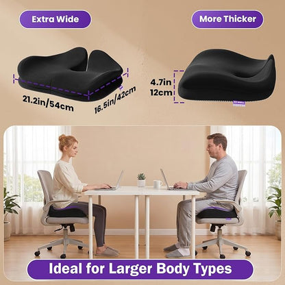 ZZ-WELL Seat Cushion for Office Chairs, Black, 21.2 Inches | Coccyx Cushion for Tailbone Pain, Memory Foam, Extra Large Thick, Patented Pressure Relief, Computer Gaming Chair