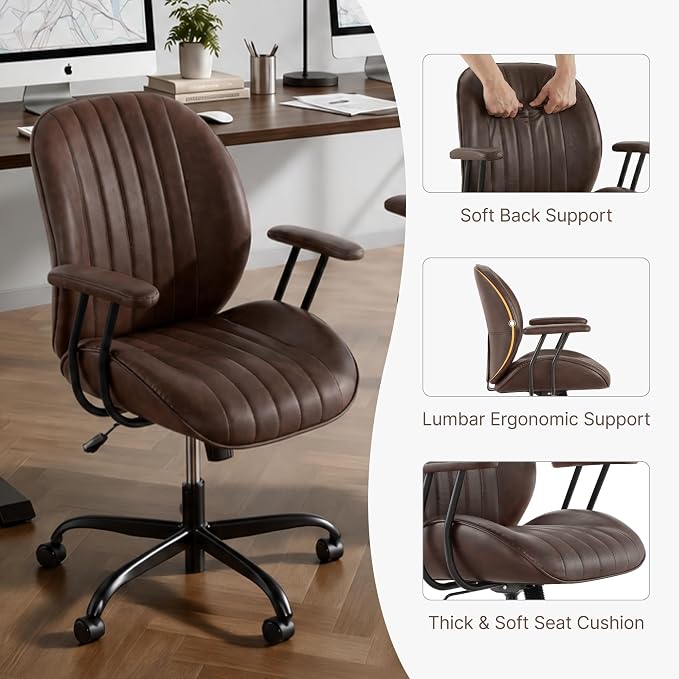 KISLOT Ergonomic Home Office Chair with Removable Arms, Adjustable Swivel Desk Chair with Wheels, Modern Faux Leather Computer Chair with Lumbar Support, Set of 2, Espresso
