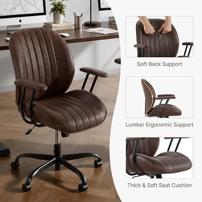 KISLOT Ergonomic Home Office Chair with Removable Arms, Adjustable Swivel Desk Chair with Wheels, Modern Faux Leather Computer Chair with Lumbar Support, Set of 2, Espresso