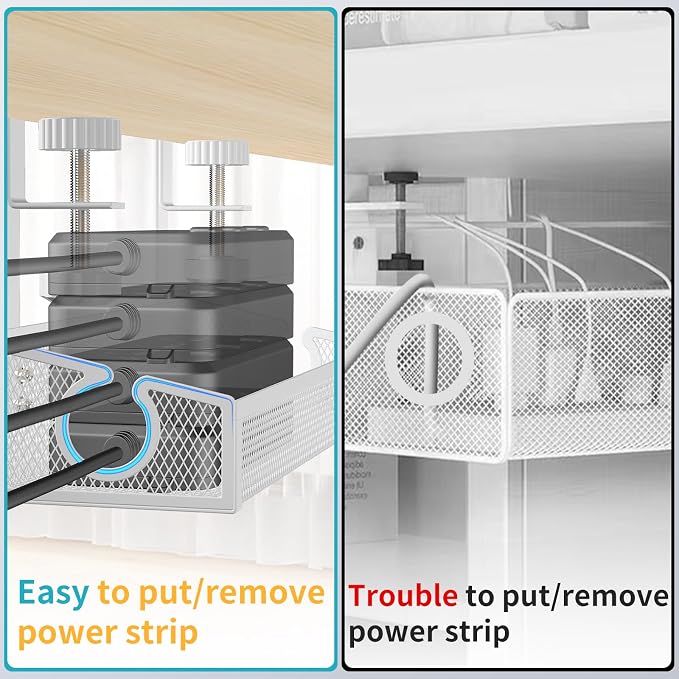 Under Desk Cable Management Tray White, No Drill Desk Cable Management Organizer with Clamp for Desk Wire Management, PC Cord Organizer Accessories & Workspace Organizers for Office, Home