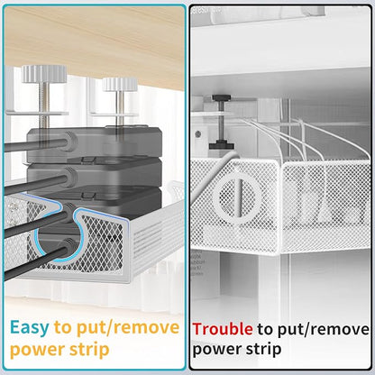 Under Desk Cable Management Tray White, No Drill Desk Cable Management Organizer with Clamp for Desk Wire Management, PC Cord Organizer Accessories & Workspace Organizers for Office, Home