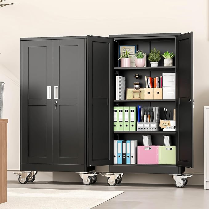 pozdeg 61" Metal Garage Storage Cabinets with Wheels, Lockable Rolling File Cabinets with 2 Doors and 3 Adjustable Shelves, Steel Tool Organizer Locker for Office Home Garage Gym School, Black
