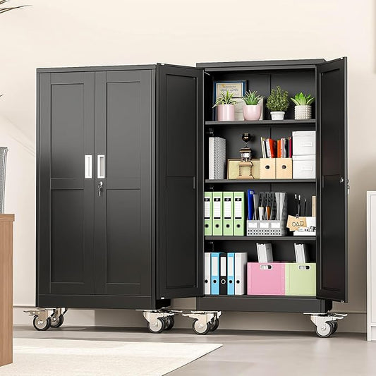 pozdeg 61" Metal Garage Storage Cabinets with Wheels, Lockable Rolling File Cabinets with 2 Doors and 3 Adjustable Shelves, Steel Tool Organizer Locker for Office Home Garage Gym School, Black
