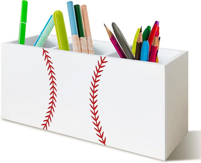 Baseball Gifts Pen Pencil Holder Organizer for Desk, Baseball Room Decor, Base Ball Fan Lovers Player Gifts Wooden Box Block Sign for Home Office Tabletop Decor