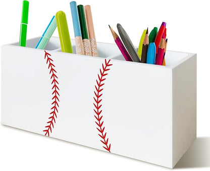 Baseball Gifts Pen Pencil Holder Organizer for Desk, Baseball Room Decor, Base Ball Fan Lovers Player Gifts Wooden Box Block Sign for Home Office Tabletop Decor