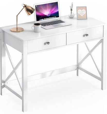 WiberWi Home Office Desk with Drawers, Modern Writing Computer Desk for Bedroom, Small Makeup Vanity Table Study Table for Home Office,White