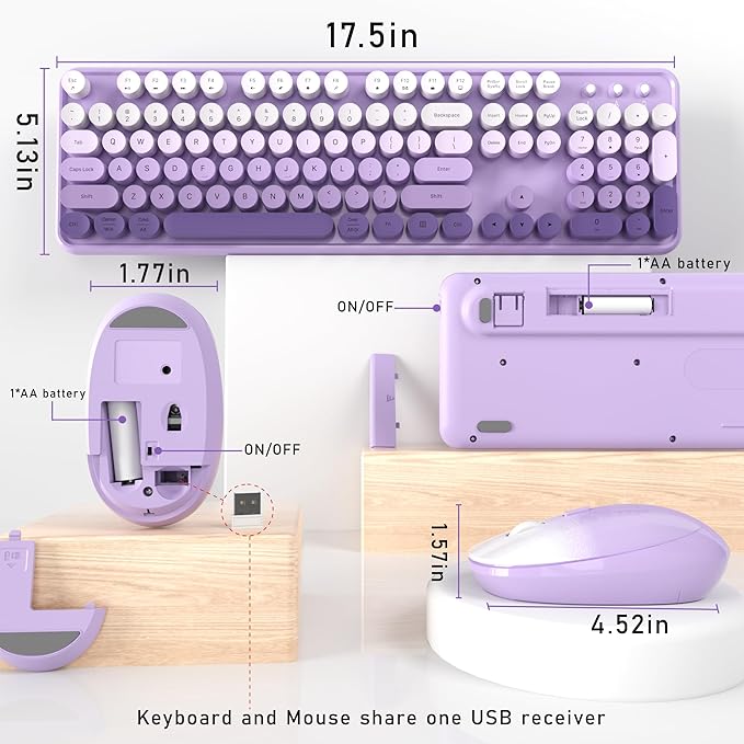 Links9+ Wireless Keyboard and Mouse, Full-Size Retro Typewriter Keyboard with Round Keycaps, 2.4GHz for Windows, Mac, Laptop, PC, Desktop (Purple Gradient)