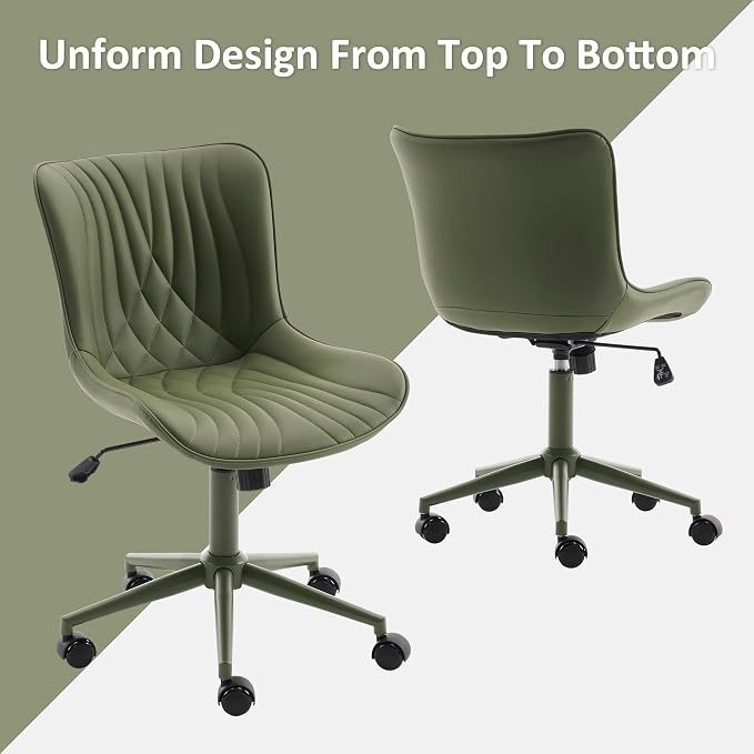 YOUTASTE Green Armless Office Chair, Modern Adjustable Swivel Desk Chair with Wheels, Upholstered PU Leather, Green Metal Legs, Back Support for Home Office, Study, Vanity, Bedroom