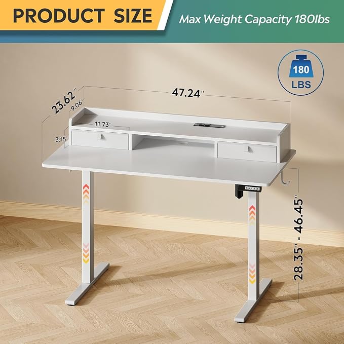 DEVAISE 48 Inch Electric Standing Desk with Shelf, Adjustable Computer Desk for Home Office, with LED Touchscreen，Headphone Hook, 3 Memory Preset, with One-Piece Desktop, White