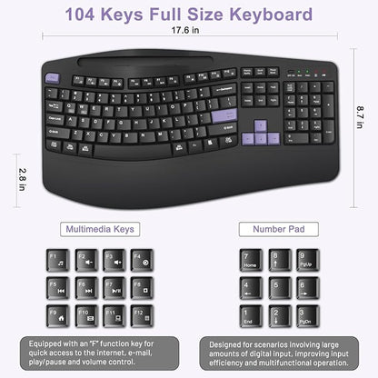 Wireless Keyboard and Mouse Combo, 2.4G Full Size Wave Keys Ergonomic Keyboard with Wrist Rest, Phone Holder, 3-Level DPI Wireless Silent Mouse with 6-Buttons, for Windows, Mac OS (Purple Black)