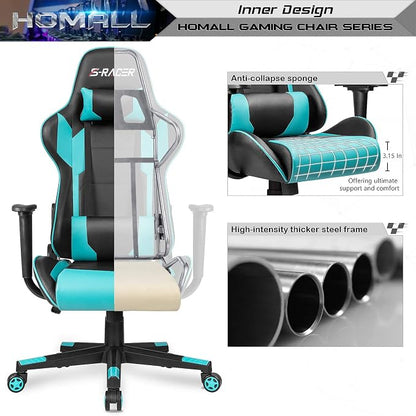 Homall Gaming Chair, Office Chair High Back Computer Chair Leather Desk Chair Racing Executive Ergonomic Adjustable Swivel Task Chair with Headrest and Lumbar Support(Cyan)
