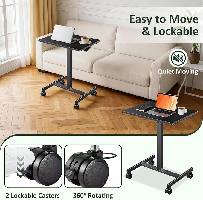 Adjustable Mobile Standing Desk, Rolling Sit-Stand Laptop Desk with Locking Wheels, Compact Portable Computer Table for Home Office or Dorm, Black