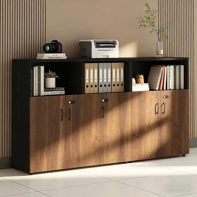File Cabinet with Password Lock, Wood Lateral Filing Cabinet for Letter/A4 Files, 3 Drawer with Door, Printer Stand with Open Shelves for Home Office