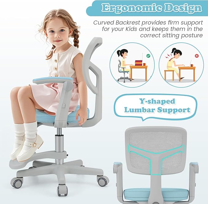 Giantex Kids Desk Chair, Ergonomic Adjustable Student Rolling Chair with Footrest & Flip-up Armrest, Mesh Children Office Chair with Universal Wheels, Kids Computer Chair for Boys & Girls, Blue