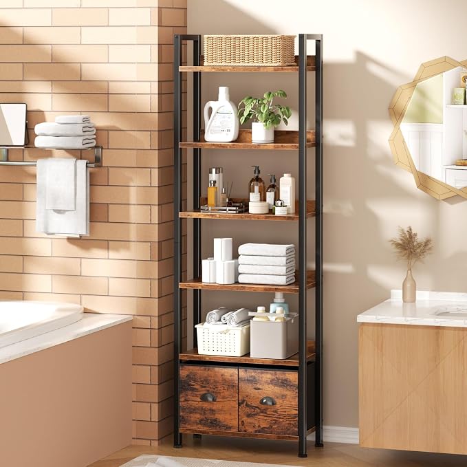 Furologee 6-Tier Bookshelf, Tall 71" Rustic Bookcase with 2 Drawers Storage Organizer, Industrial Display Free Standing Shelf Units, Wood and Metal Storage Rack for Home Office, Bedroom, Rustic Brown | Bookcase