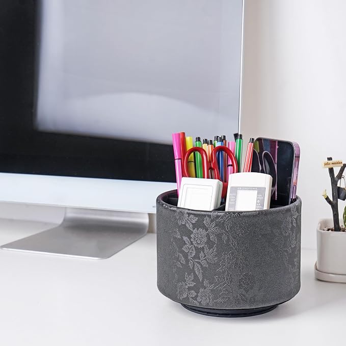 lizimandu Round Leather Art Supply Organizer,Remote Control Holder,360 Degree Spinning,Multi-Functional Pencil Holder,4 Compartments Desktop Stationary Organizer(1-Liuli Black)