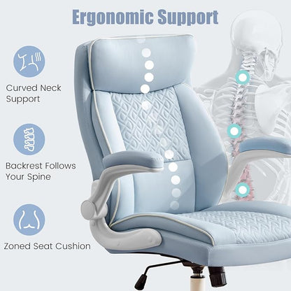 Executive Office Chair with High Back, Computer Desk Chair with Lumbar Support,Comfortable Leather Home Office Chairs 400lbs with Padded Flip-up Armrests, Adjustable Height,Tilting, LightBlue