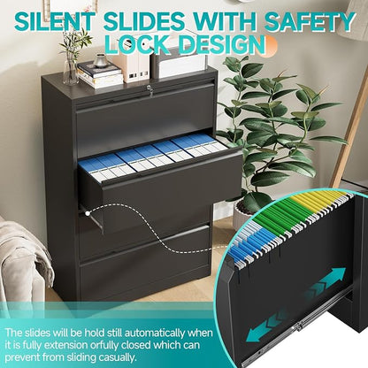 4 Drawer Lateral File Cabinet with Lock, Heavy-Duty Metal Vertical Filing Cabinet for Office, Steel Storage Compatible with Hanging Files Letter/Legal/F4/A4 Sizes, Black