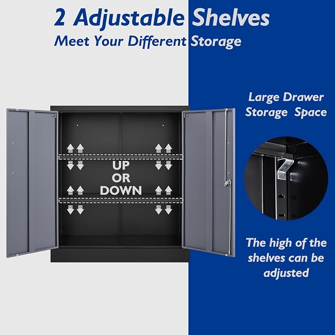 Metal Storage Cabinets with Locking Doors & 2 Adjustable Shelves, Lockable Steel Office Cabinets, Counter Caninet Small Locking Cabnet Locked Tool Cabnets for Home, Office, Garage, Hallway