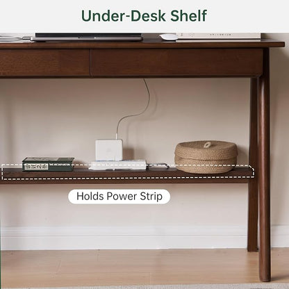 100% Solid Rubber Wood Desk Home Office Desk Mid Century Modern Writing Computer Desk with Drawer for Home Office 39.37" W Walnut Color
