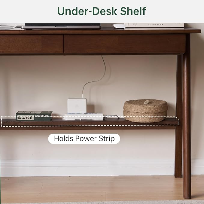 Walnut Color Home Office Desk, 100% Solid Rubber Wood Desk, Mid Century Modern Writing Computer Desk with Drawer for Sturdy Room, Bedroom 39.37" W