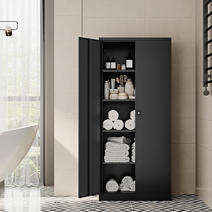 Fesbos Metal Storage Cabinet-71” Tall Steel File Cabinets with Lockable Doors and Adjustable Shelves-Black Steel Storage Cabinet for Home,Kitchen, School, Office, Garage