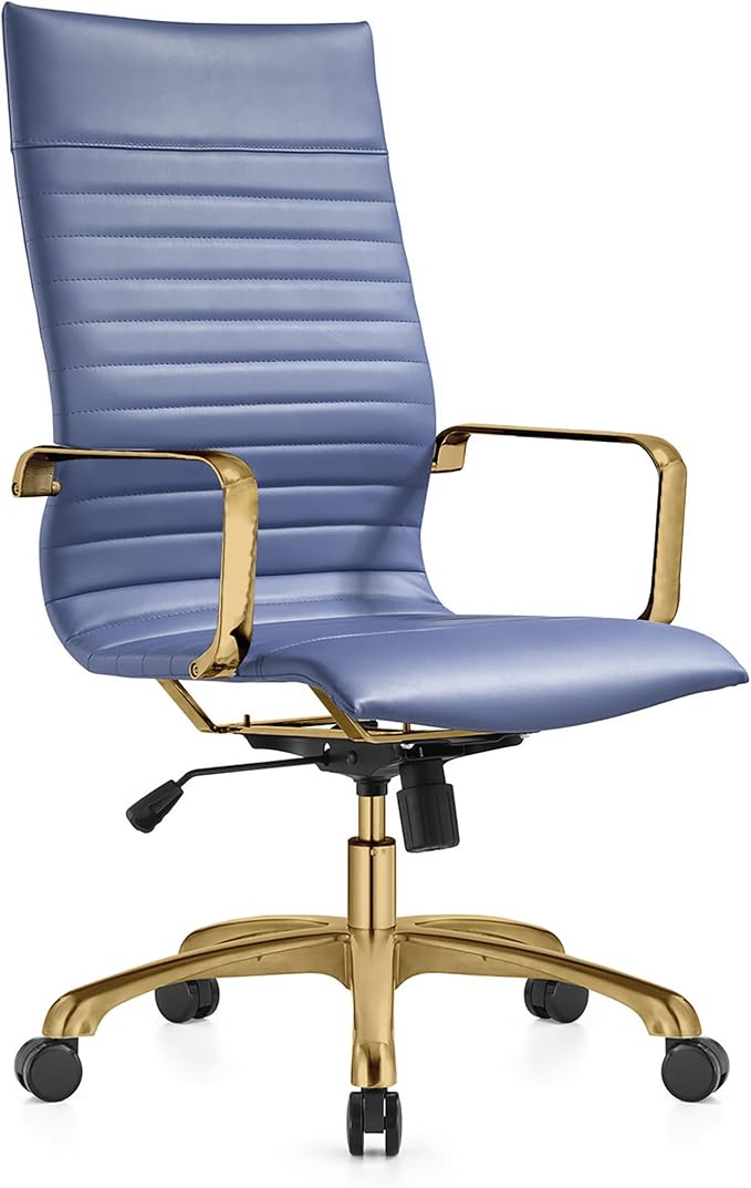 LeisureMod Harris High-Back Task Office Chair - Modern Leather Upholstery with Gold Frame, Ribbed Design 360 Degree Adjustable Swivel for Home, Office, and Study Room